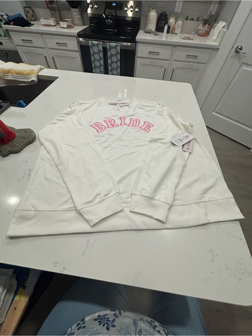 White 'Bride' Crewneck Sweatshirt with Pink Appliqué